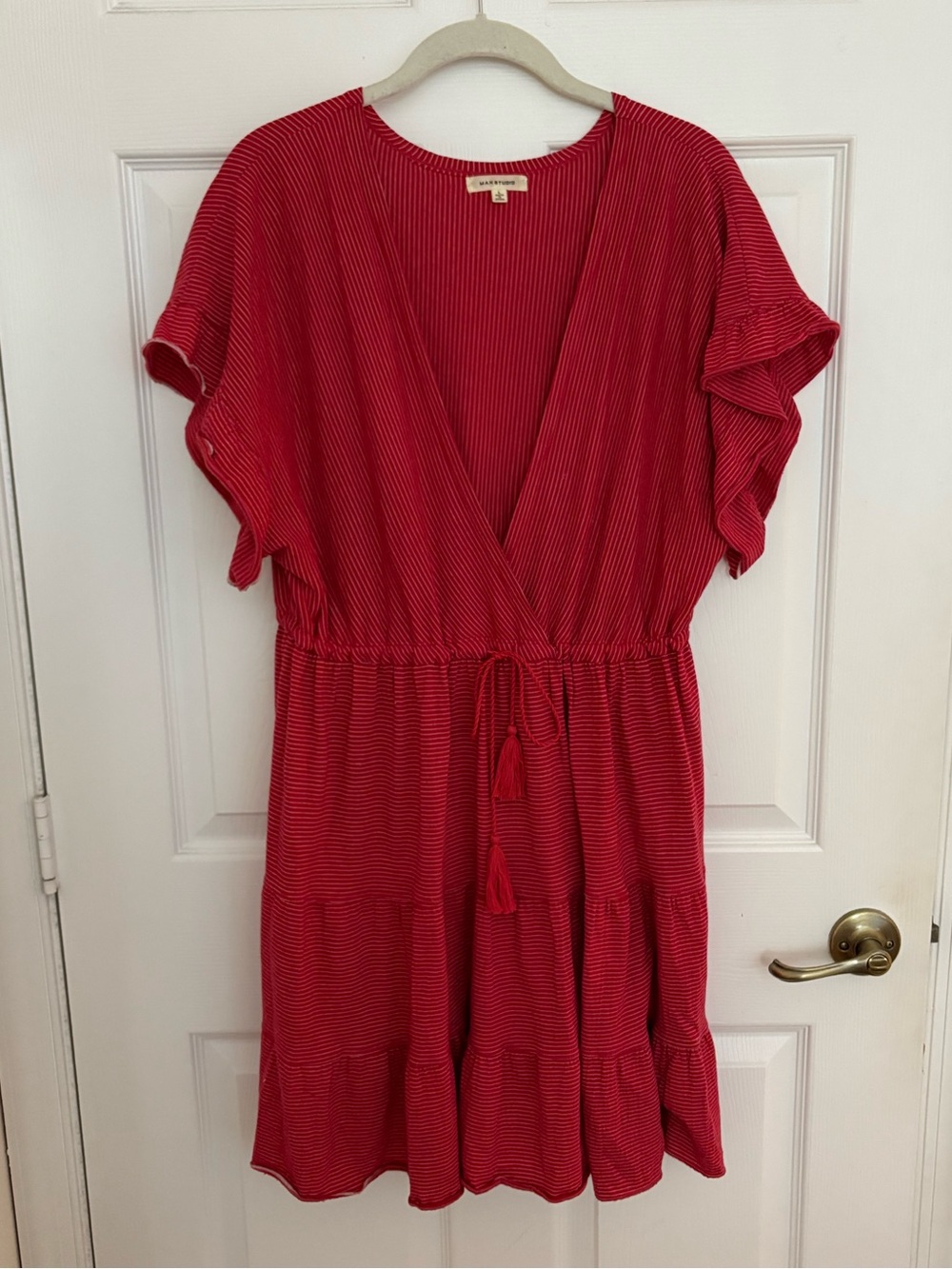 Max Studio Red Pinstripe V-Neck Dress